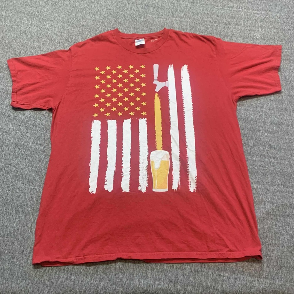 Port & Company T-Shirt Mens XL Red American Flag Beer USA Patriotic Crew Neck
